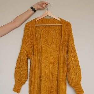 Mustard Yellow Duster Cardigan with Puff Sleeves